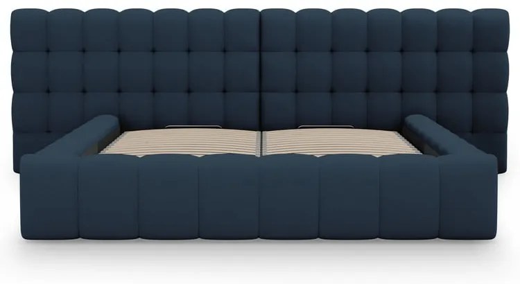 Sötétkék kárpitozott ágyneműtartós franciaágy ágyráccsal 180x200 cm Mamaia – Micadoni Home
