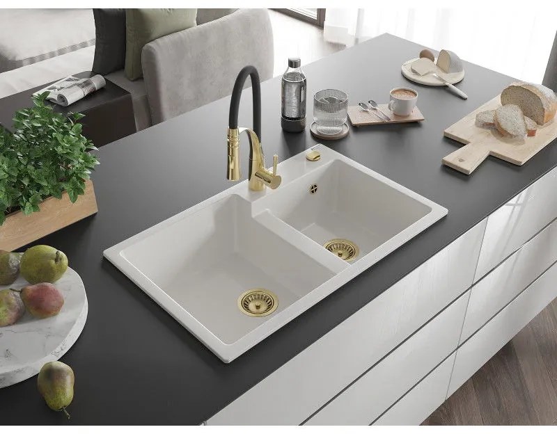 Mexen Tomas, 2 kamrás gránit mosogató 800x500x190 mm és Aster mosogató csaptelep, fehér, 6516-20-73450-57-G