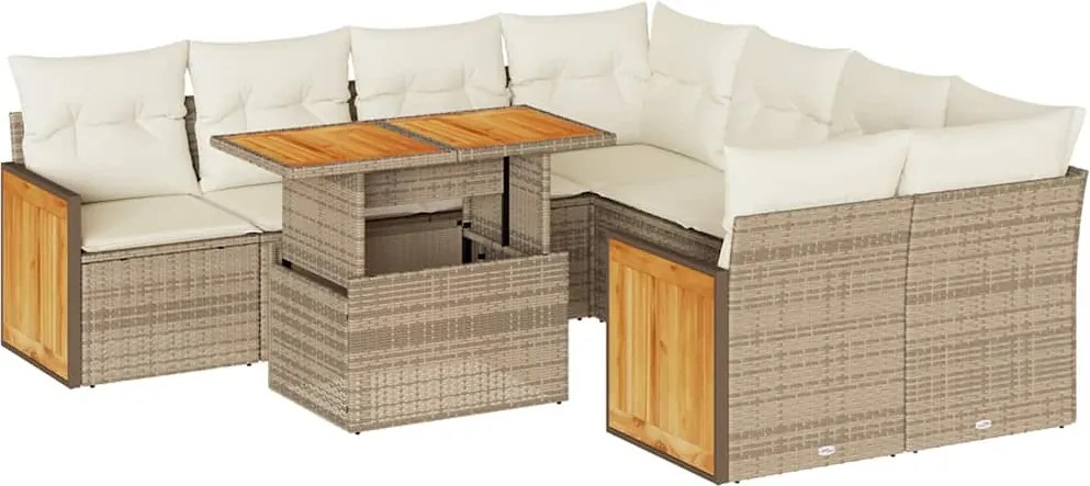 vidaXL 9 részes bézs polyrattan akácfa kerti ülőgarnitúra párnákkal