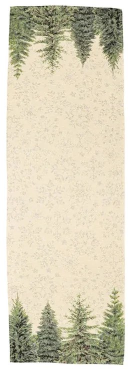 Ezüsfenyőerdős és hópehely mintás, ezüst lurexes gépi gobelin asztali futó, 44 x 140 cm