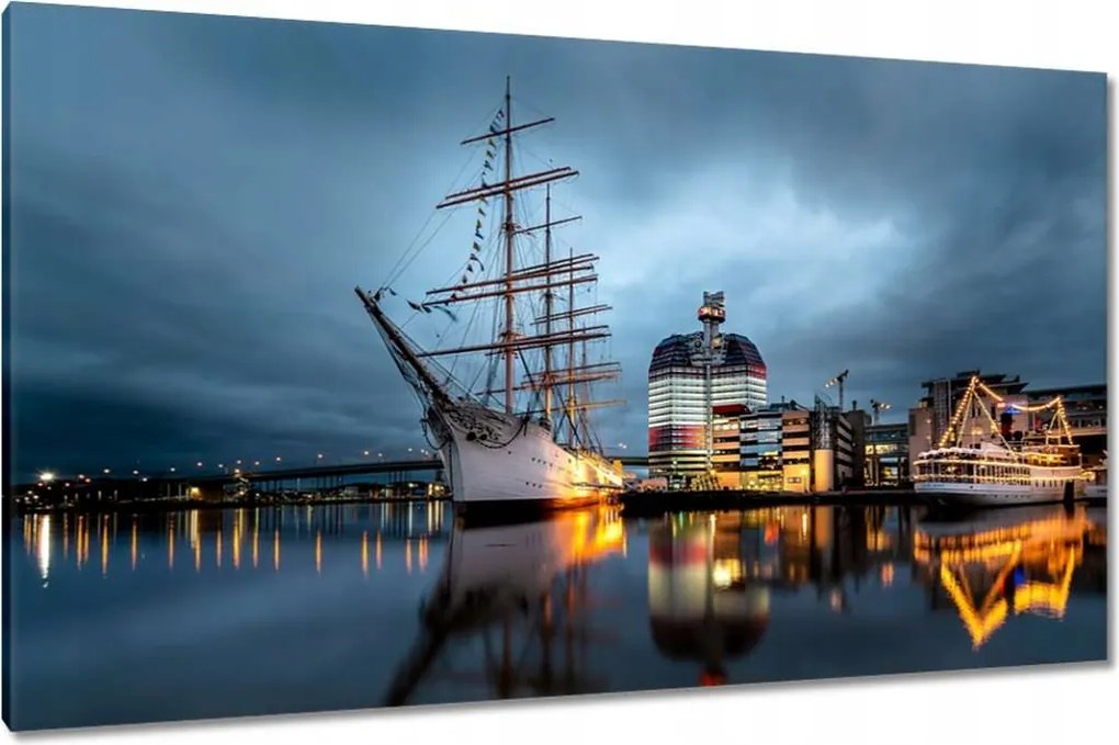 Vászonkép 120x70 Vitorláshajó a kikötőben éjszaka