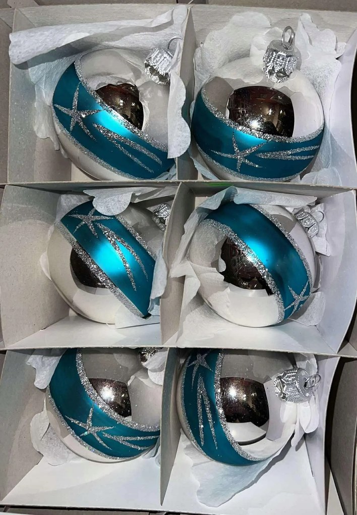 6 db-os színes, kézzel díszített üveg karácsonyfadísz szett