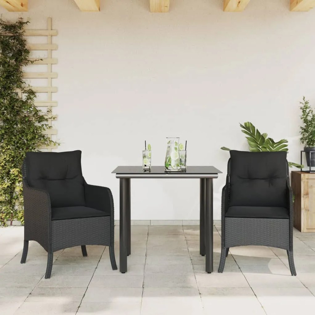 3 részes fekete polyrattan kerti étkezőgarnitúra párnákkal