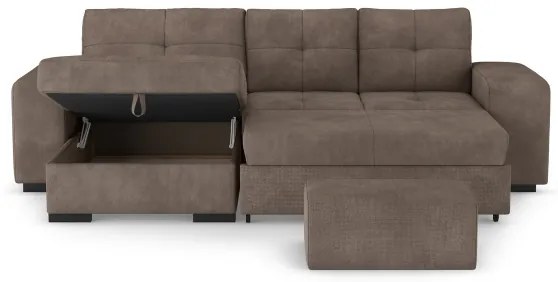 PALERMO baloldali barna kihúzható kanapé tárolóval és puffal