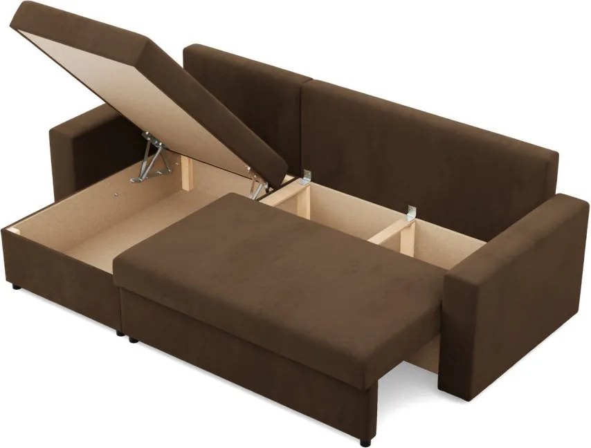 Zeus sarokkanapé, 2 ágyneműtartóval, egyenes kartámasz, szövet anyag, univerzális oldal, bonell töltet, barna