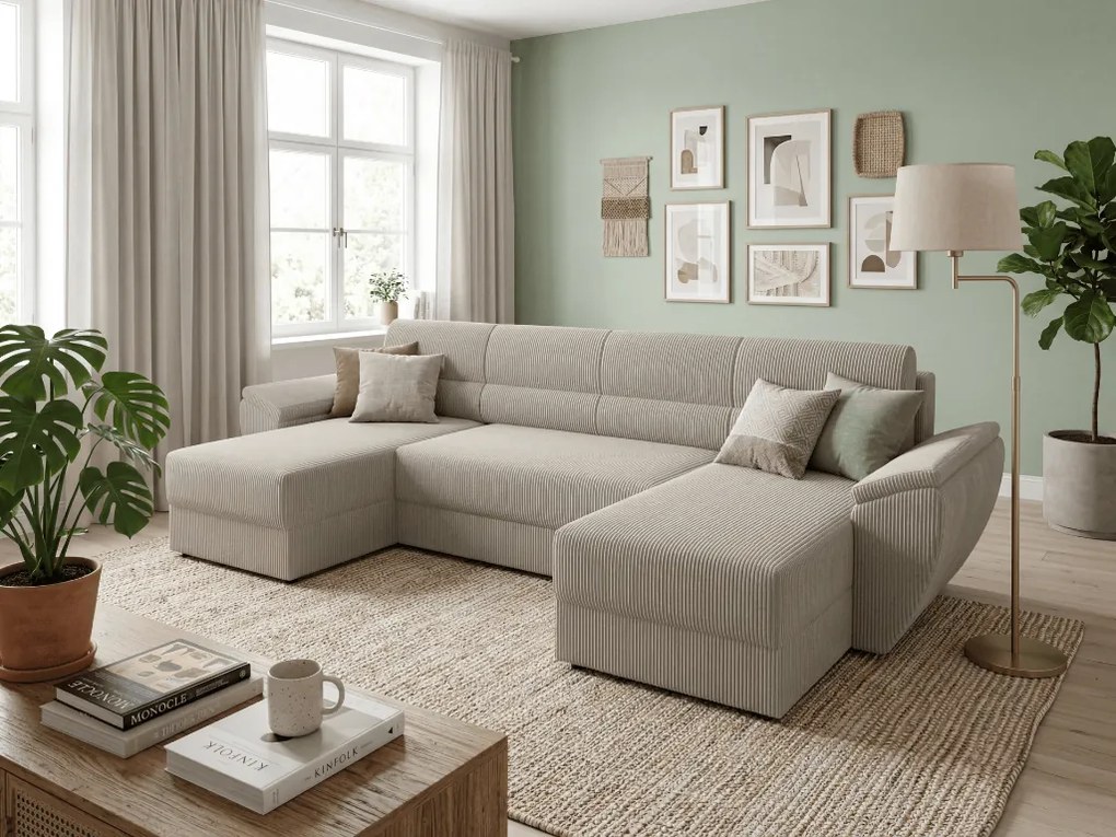 Kinyitható U alakú ülőgarnitúra TAVERO 321x140 cm, világos bézs