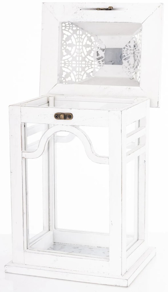 Sötétbarna 4szögletű fa lantern lámpás szürke áttört fém tetővel üvegezve 38,5x19x15cm