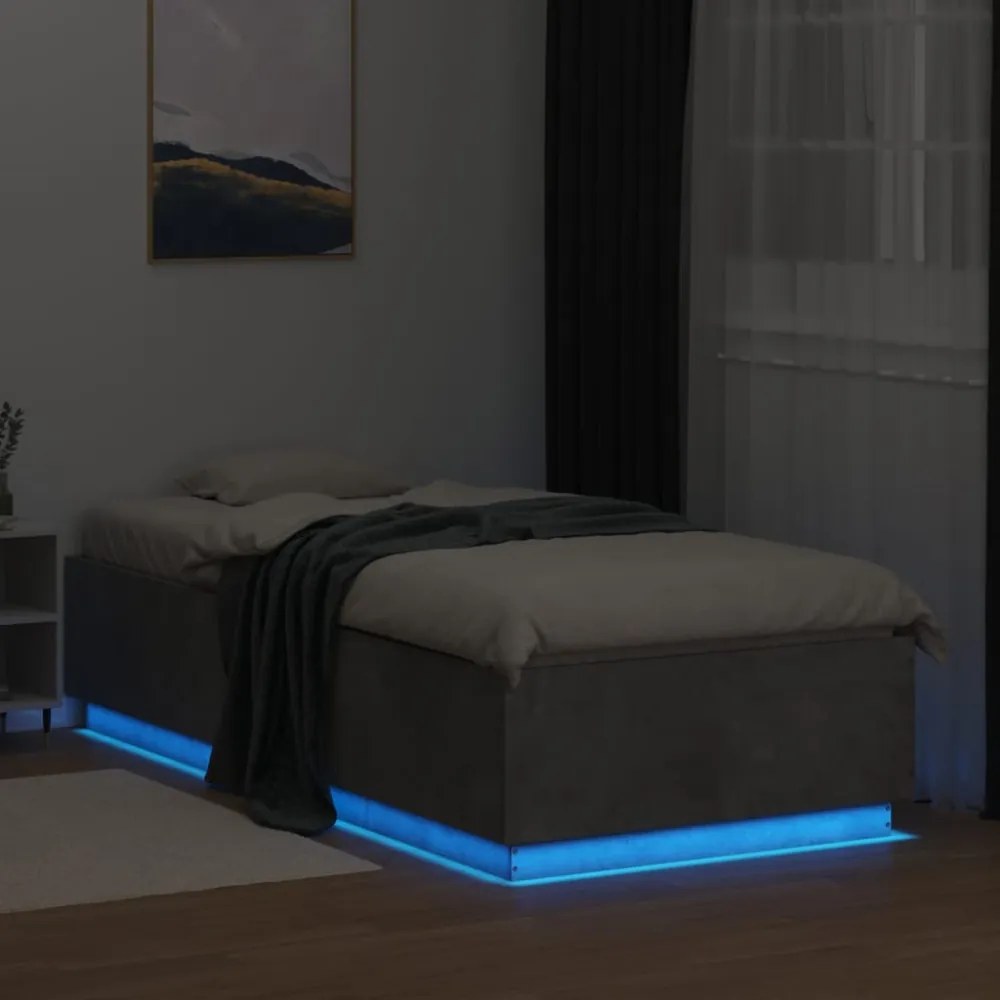betonszürke szerelt fa ágykeret LED-del 100 x 200 cm