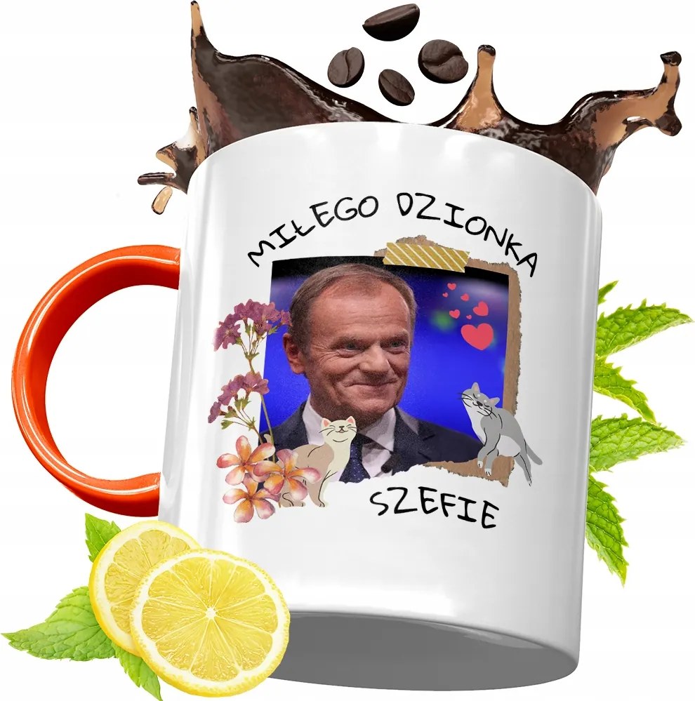 Donald Tusk Narancssárga Bögre Ajándék, fényképes nyomattal