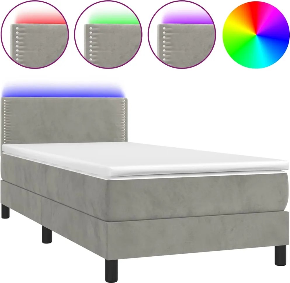 vidaXL világosszürke bársony rugós és LED-es ágy matraccal 80 x 200 cm