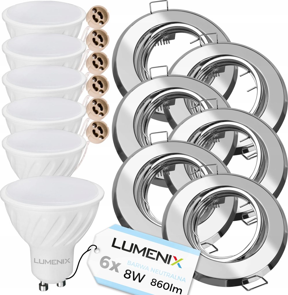 6x Halogén lámpatest szett Króm Kerek GU10 Led izzó 8W Semleges