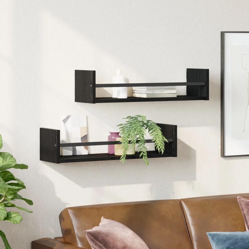 Falipolcok 2 db Fekete Tölgy 60x16x14 cm Műszaki Fa