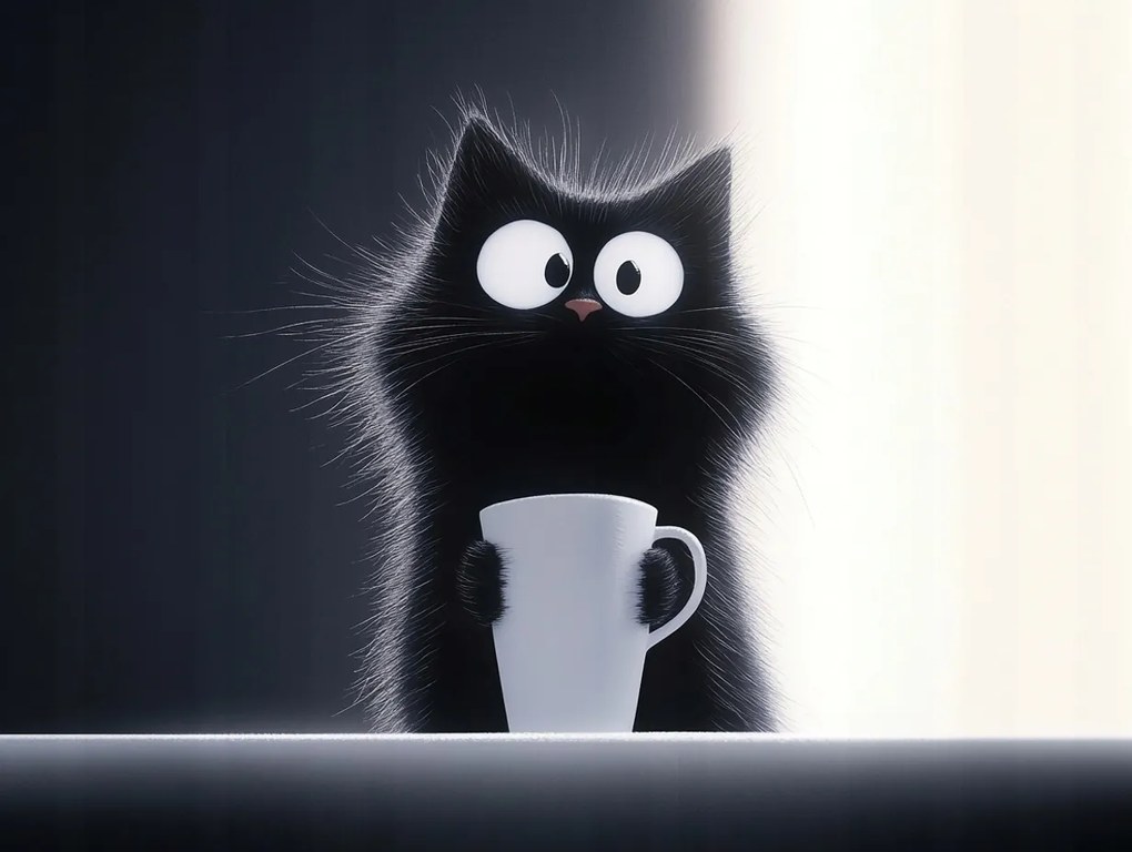 Vászonkép Canvas Fekete Macska Bögre Kávé Grafika 80x60