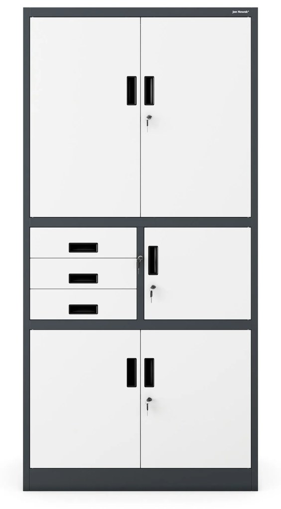 Fém iratszekrény széffel és fiókokkal FILIP II, 900 x 1850 x 400 mm, antracit-fehér