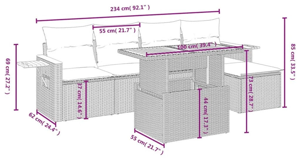 6 részes bézs polyrattan kerti ülőgarnitúra párnával