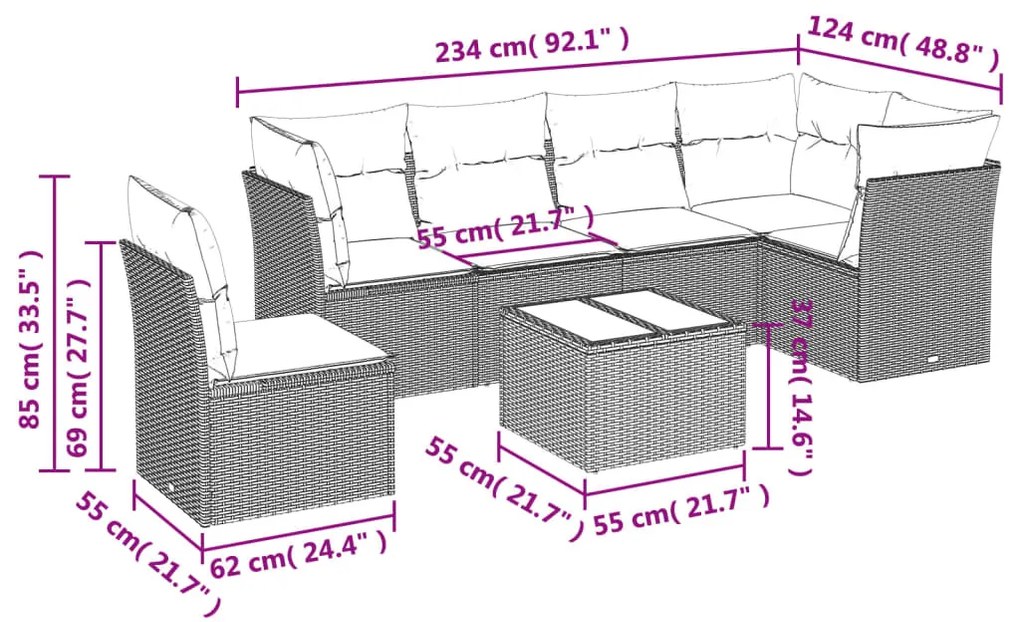 7 részes fekete polyrattan kerti ülőgarnitúra párnával