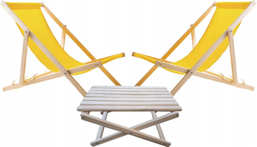 2 db-os fa napozóágy szett sárga összecsukható dohányzóasztal