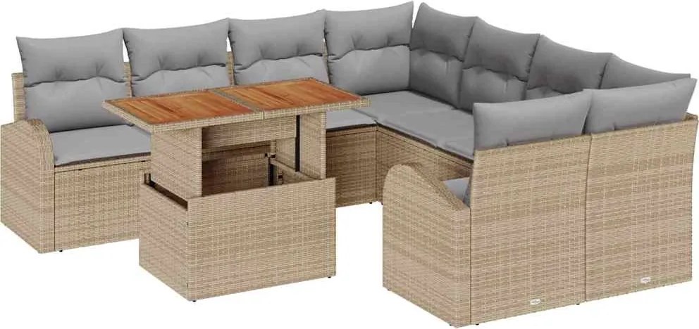 vidaXL Kerti Kanapé Szett tárolóval 9 pcs Bézs Poli rattan
