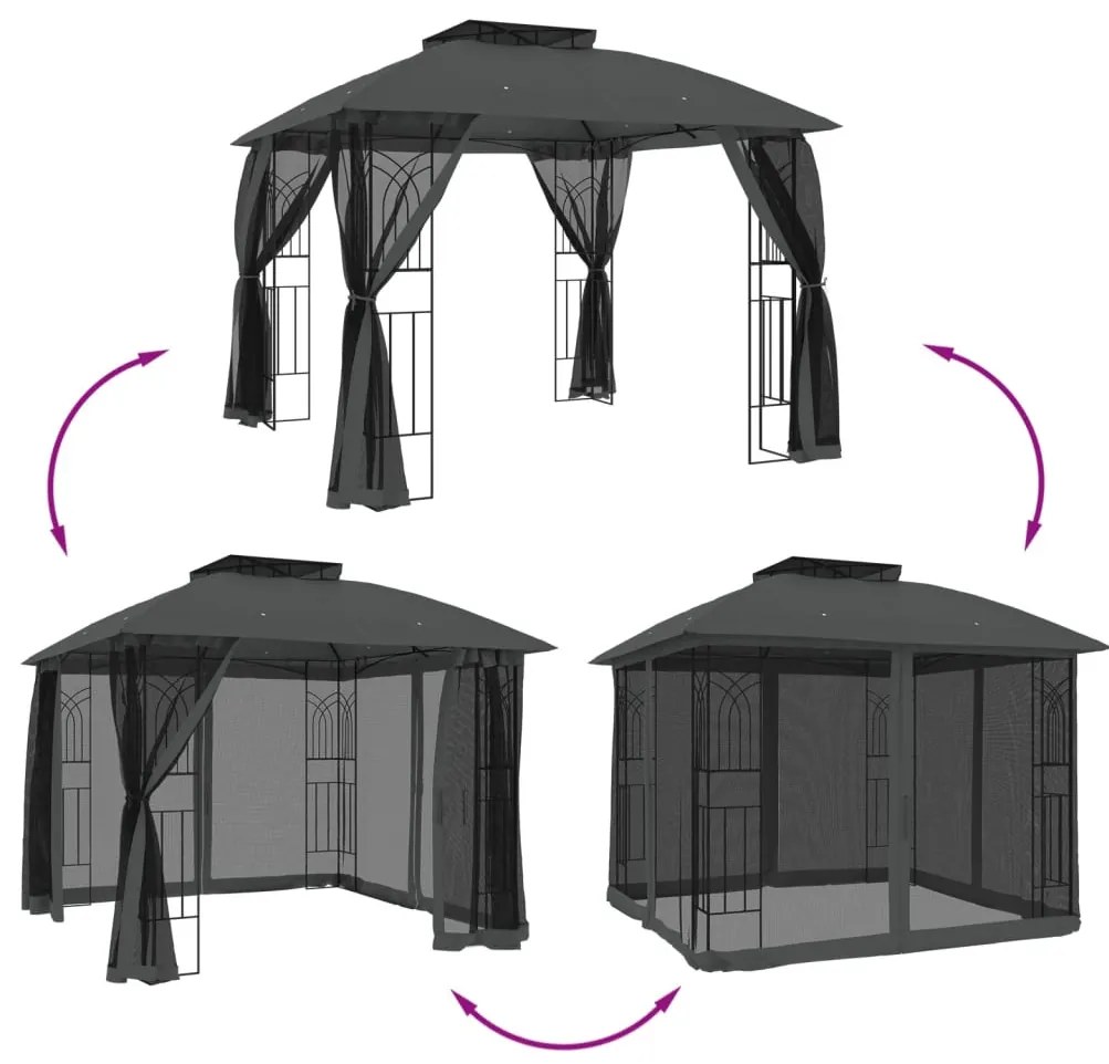 antracit acél dupla tetős pavilon hálós falakkal 2,94 x 2,94 m