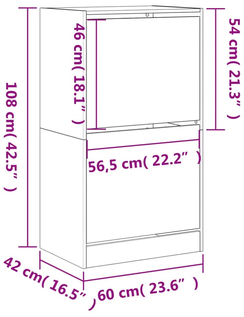 fekete cipőszekrény 2 kihajtható fiókkal 60 x 42 x 108 cm