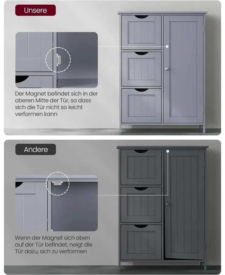 Fürdőszobai szekrény, komód, 3 fiókkal, Állítható polc, 30 x 60 x 81 cm, szürke