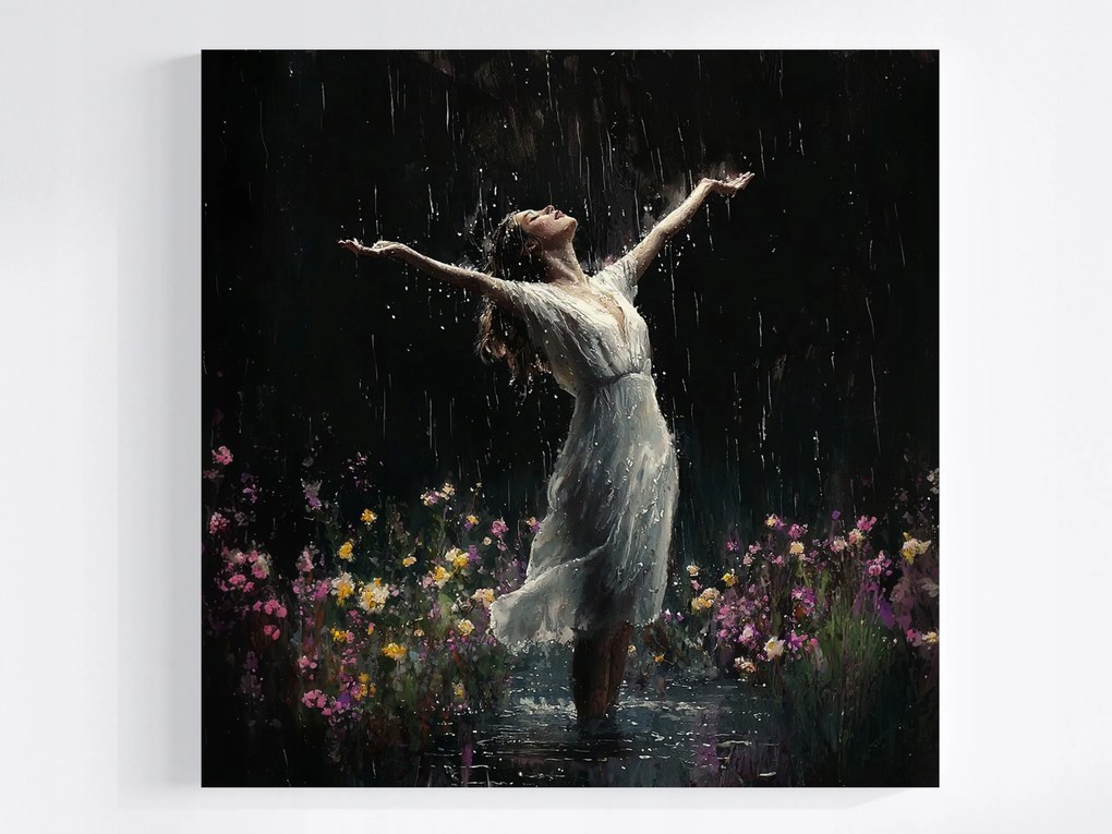 Vászonkép Canvas Kert Virágok Eső Nő Tánc Öröm 80x80