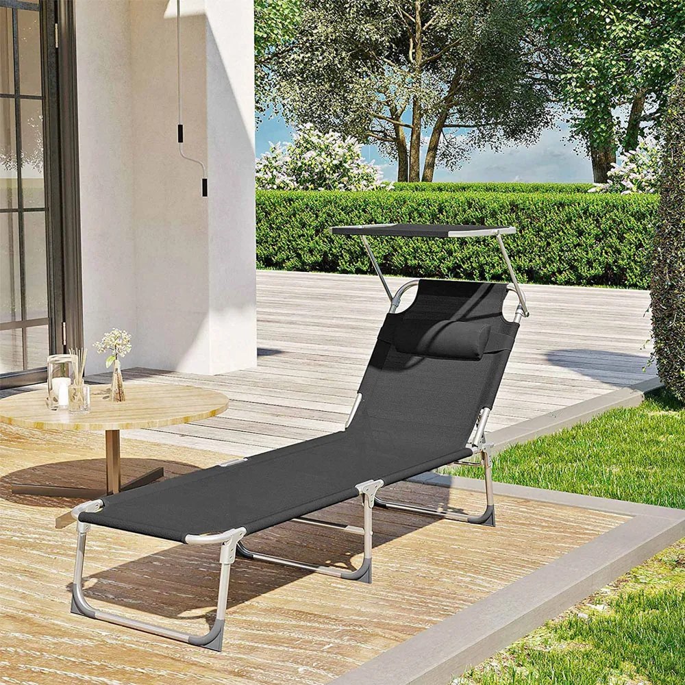 LAGUNA kerti napozóágy állítható napellenzővel, 193x53x29cm, fekete SongmicsHome