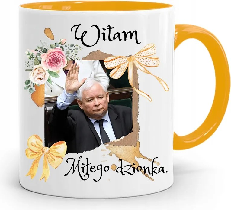 Sárga Vicces Bögre Jaroslaw Kaczynski felirattal, fényképpel