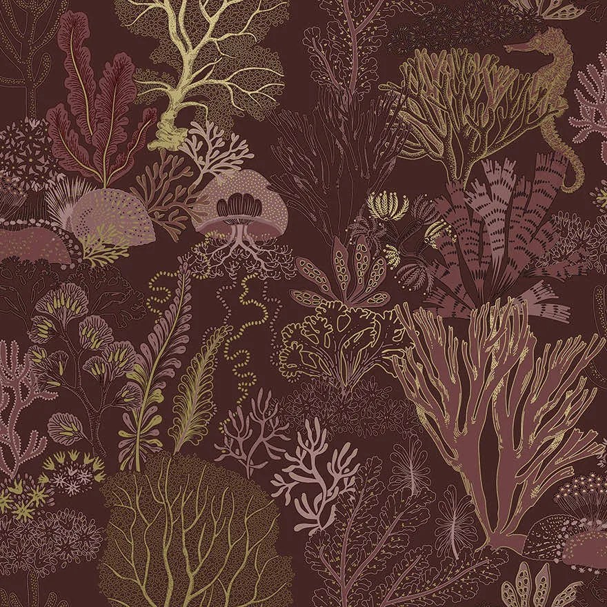 Holden Decor Wanderlust Nautilus arany-bordó kagylós vlies tapéta – 92080