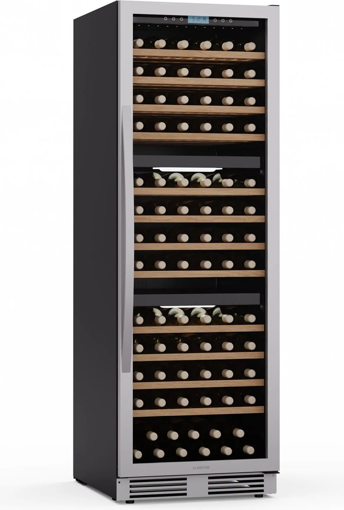 Klarstein Vinovilla Trio borhűtő, 143 palack, 3 zóna, 38 dB, 12 polc, kompresszor, 413 liter