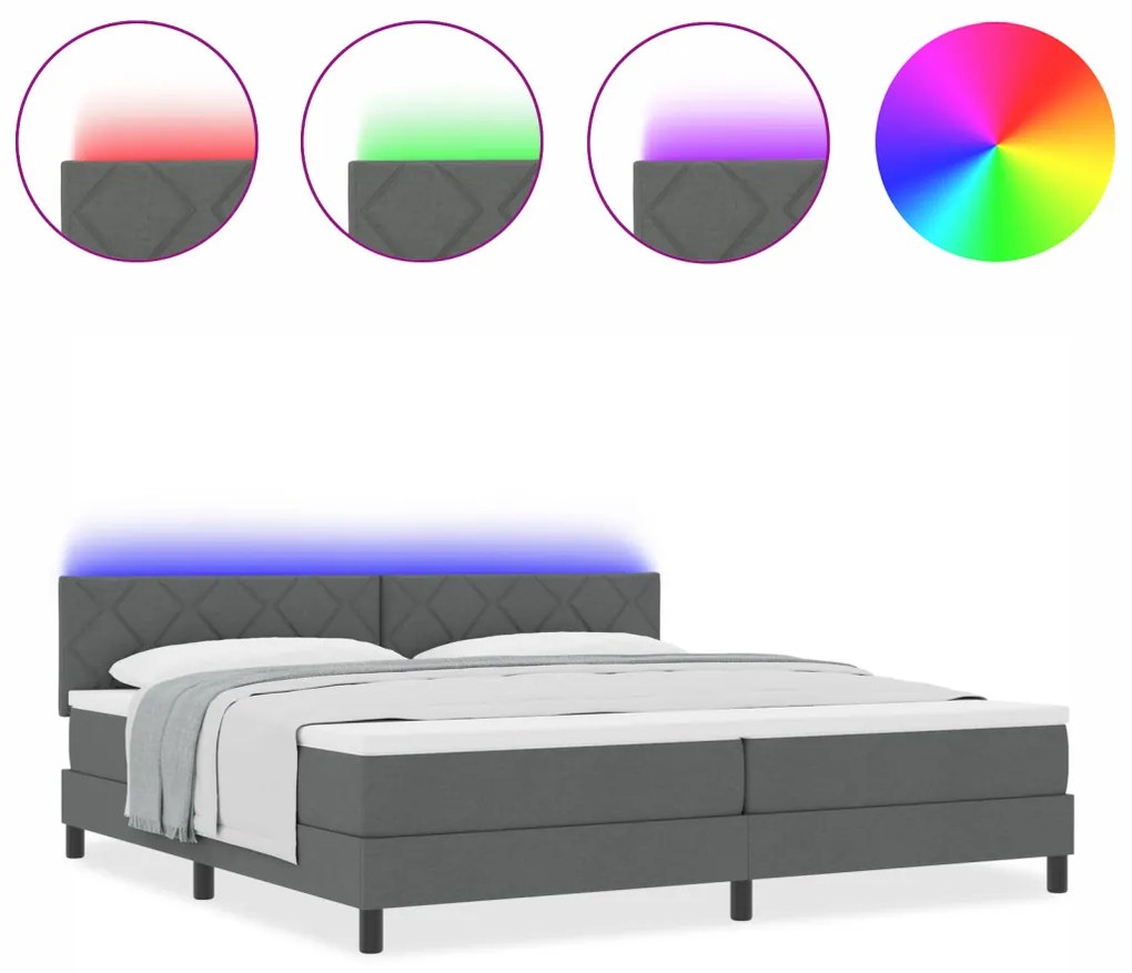 Box Spring Ágy Matraccal & LED Sötétszürke 200x200 cm Szövet