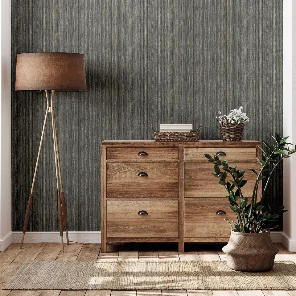 Arthouse Signature 2 Japandi Grasscloth arany-sötétkék csíkos texturált vinyl tapéta – 297407