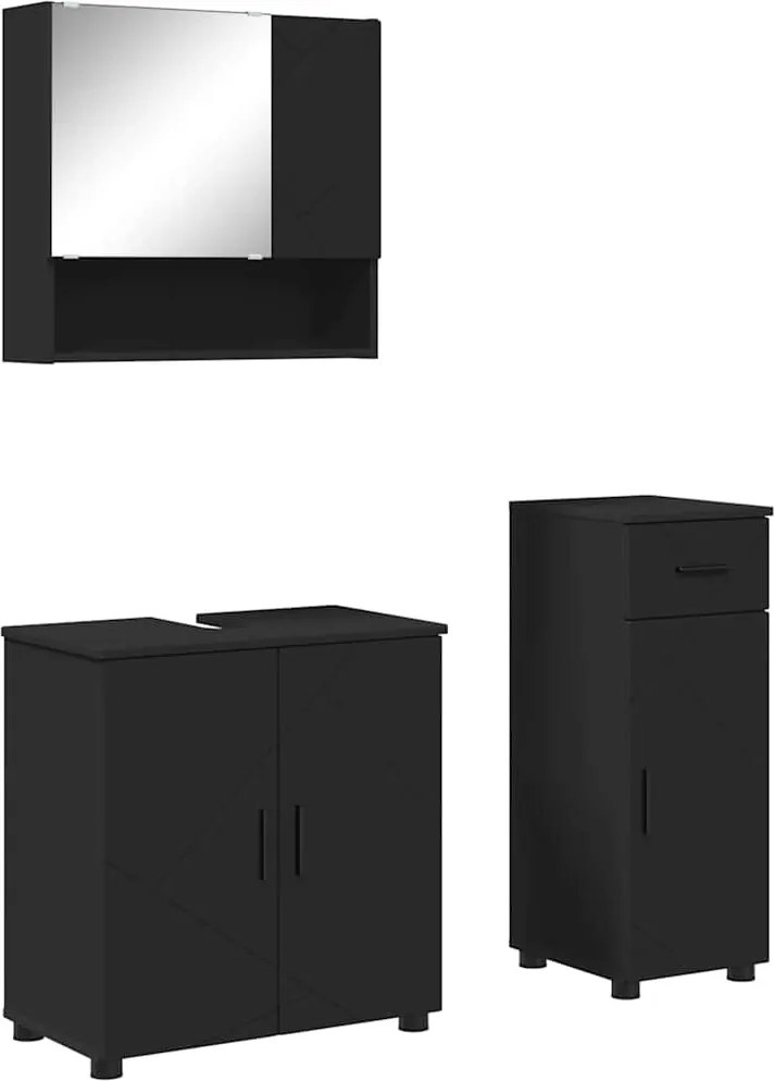vidaXL Fürdőszoba bútor szett fiókkal 3 pcs Fekete Faanyag & Fém