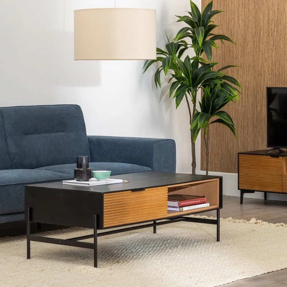 Fekete-natúr színű dohányzóasztal kőrisfa dekorral 60x124 cm Orleans – Ixia