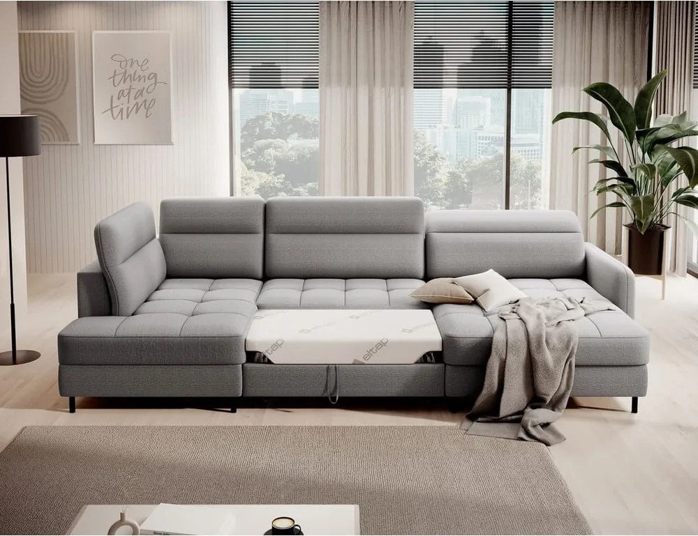 Világosszürke bársony kinyitható-tárolóhelyes sarokkanapé (bal oldali-U alakú) Berrto – ELTAP