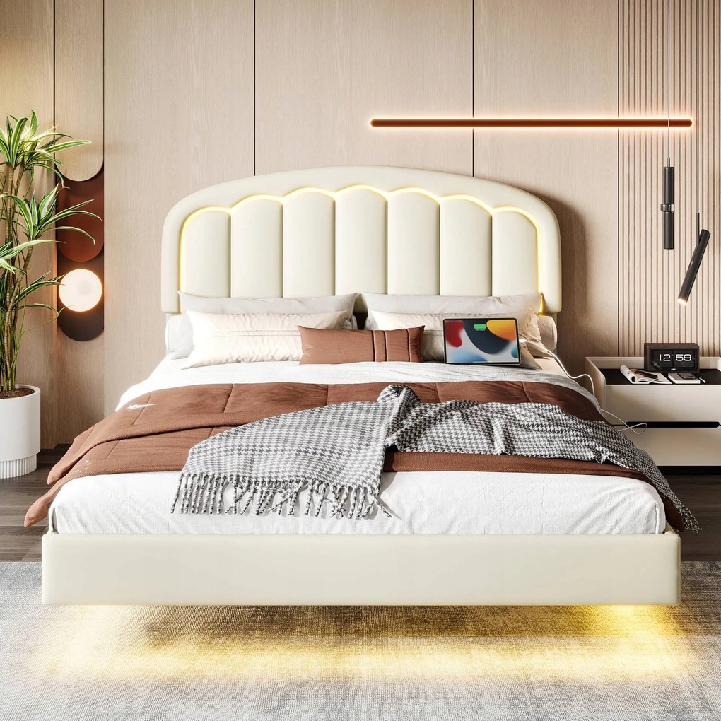 Franciaágy Kárpitozott ágy Függőágy 140 x 200 cm Usb C Fehér