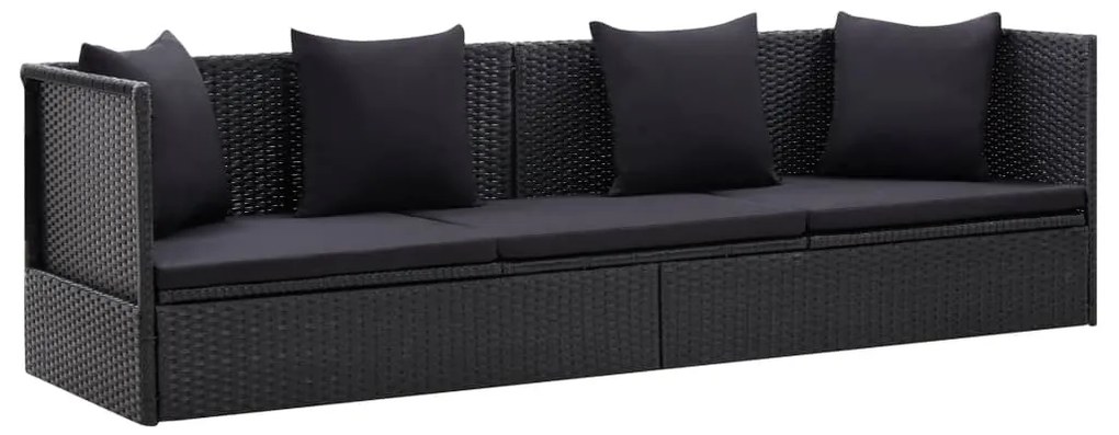 Fekete polyrattan kerti ágy ülő- és hátpárnával