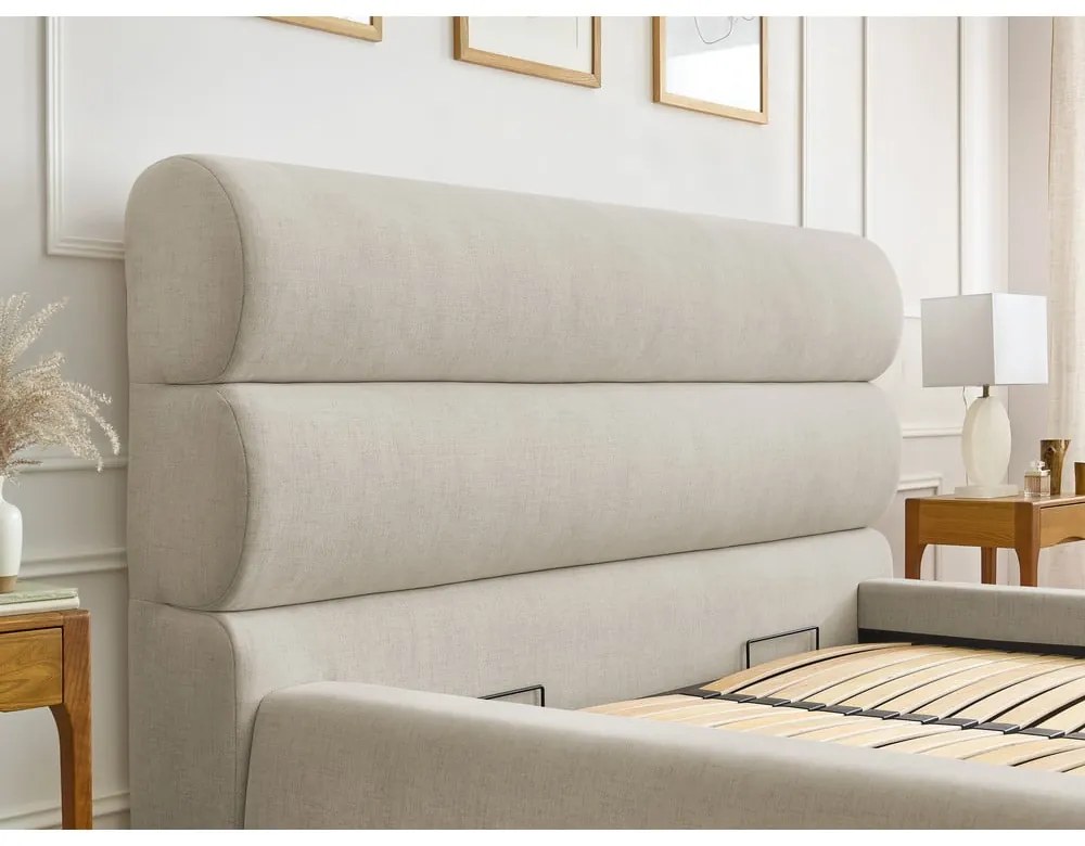 Bézs kárpitozott franciaágy tárolóhellyel, ágyráccsal 160x200 cm Jagna – Bobochic Paris