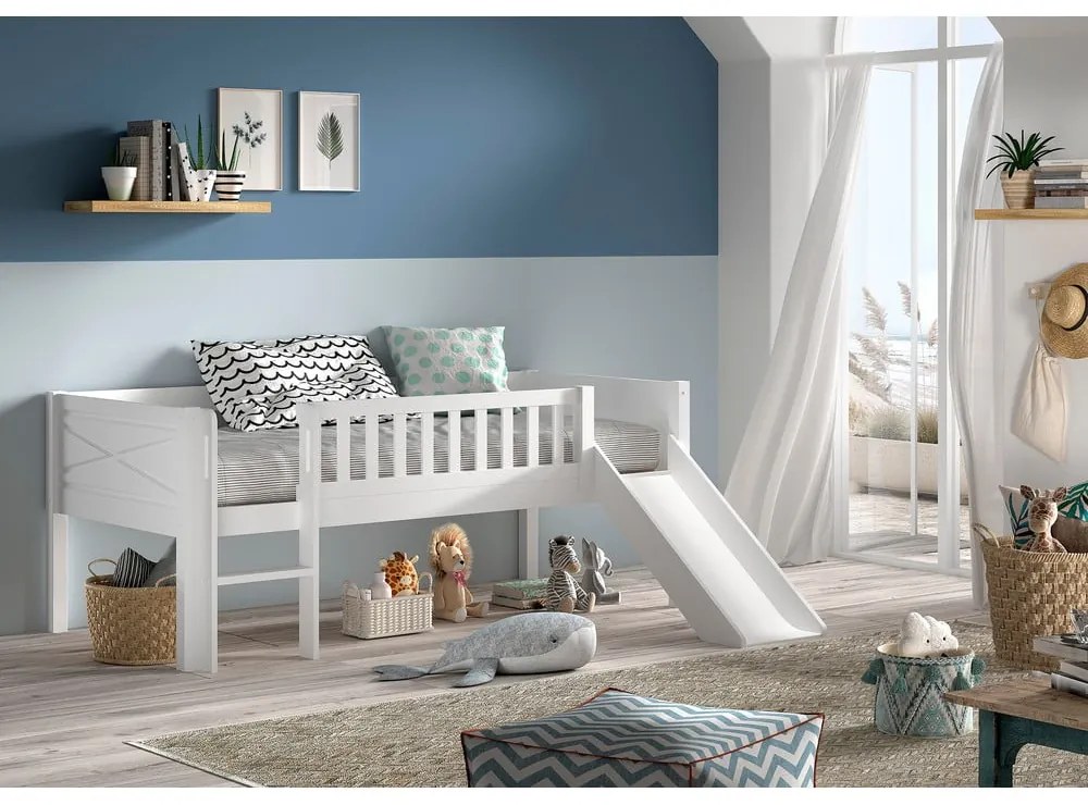 Fehér borovi fenyő galéria gyerekágy ágyráccsal 90x200 cm Scott – Vipack