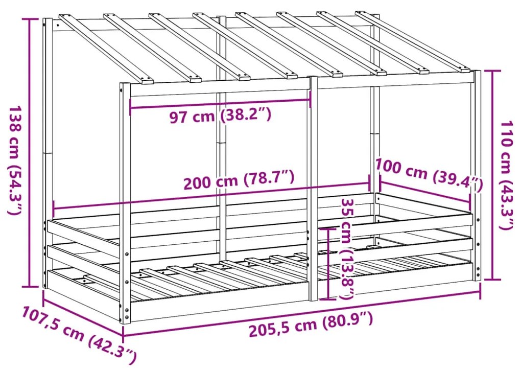 fehér tömör fenyőfa gyerekágy tetővel 100 x 200 cm
