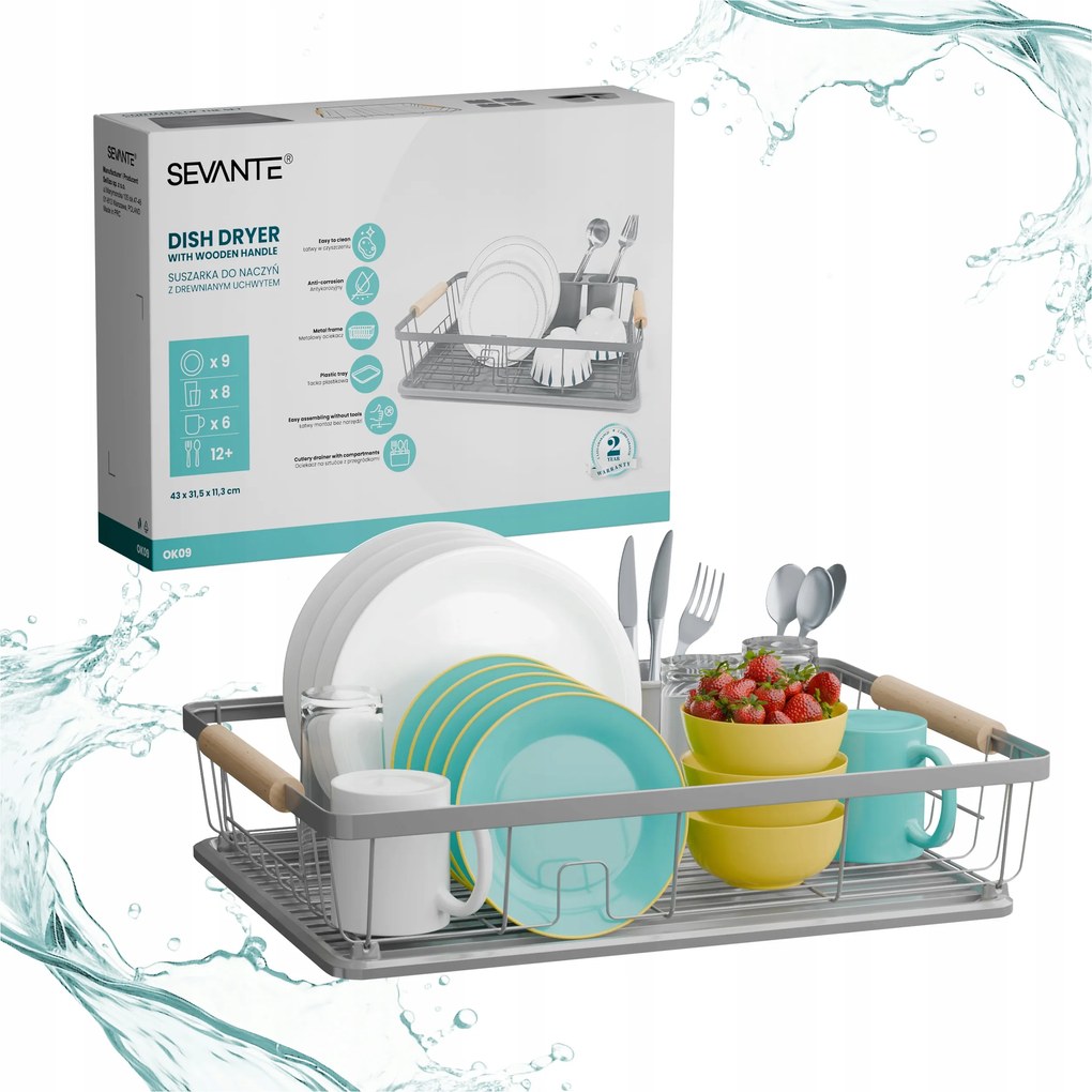 Csepegtető konyhai edényszárító fa fogantyúkkal, szürke