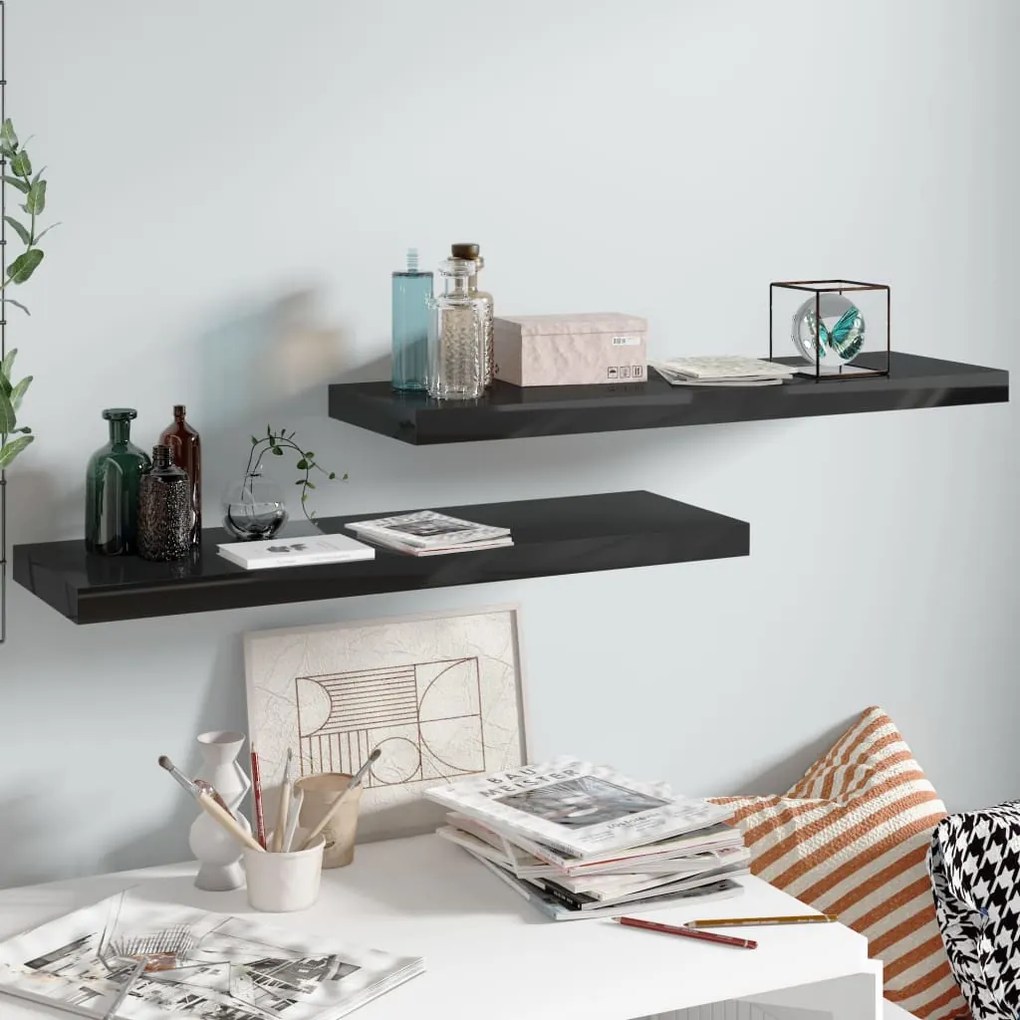 2 db magasfényű fekete MDF lebegő fali polc 80 x 23,5 x 3,8 cm