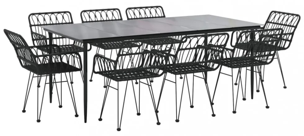 9 részes fekete polyrattan kerti étkezőgarnitúra