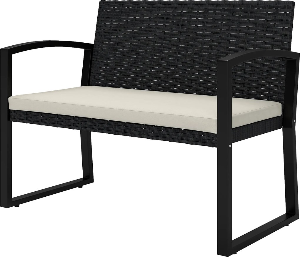 Outsunny 2-Fős Szintetikus Rattan Kerti Pad Fekete és Bézs Párnázott Karfával, 240 kg teherbírással Teraszra, 103x58x78 cm | Aosom