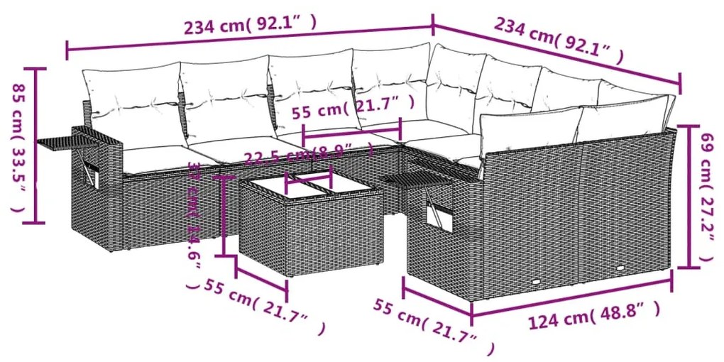 9 részes bézs polyrattan kerti ülőgarnitúra párnákkal