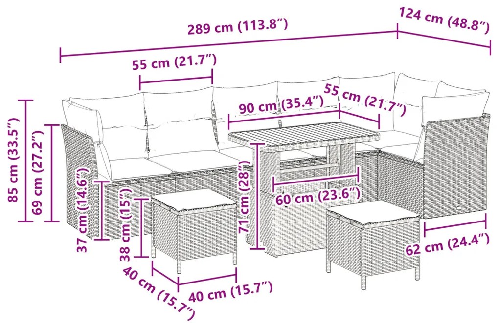 9 részes kerti kanapészett párnákkal Bézs Poli Rattan Akác, 3 részes kerti étkező szett párnákkal Bézs Poli Rattan Akác