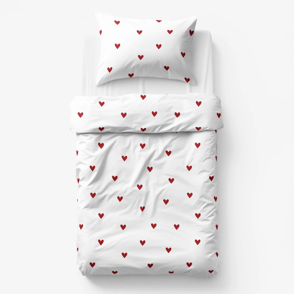 Goldea gyermek pamut ágyneműhuzat - piros szívecskék, fehér alapon 140 x 200 és 70 x 90 cm