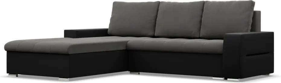 Toronto sarokkanapé, 2 ágyneműtartóval, bársony + műbőr, baloldali, szürke - fekete