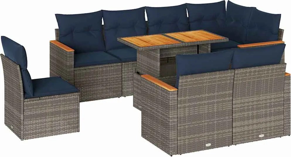 vidaXL 9 részes szürke polyrattan kerti ülőgarnitúra párnákkal
