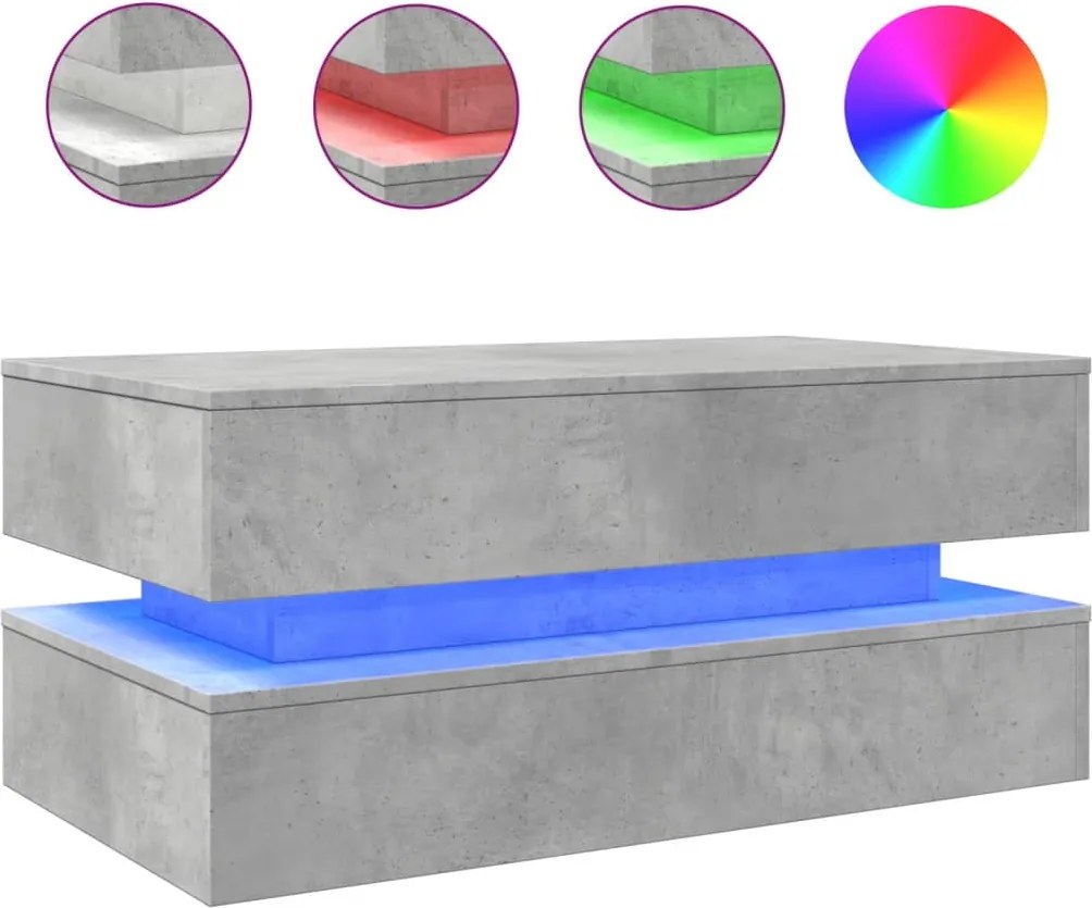 vidaXL betonszürke dohányzóasztal LED-lámpákkal 90x50x40 cm